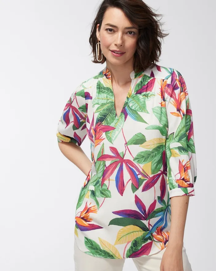 Chico039s Floral Button Cuff Top Alabaster Women Tops