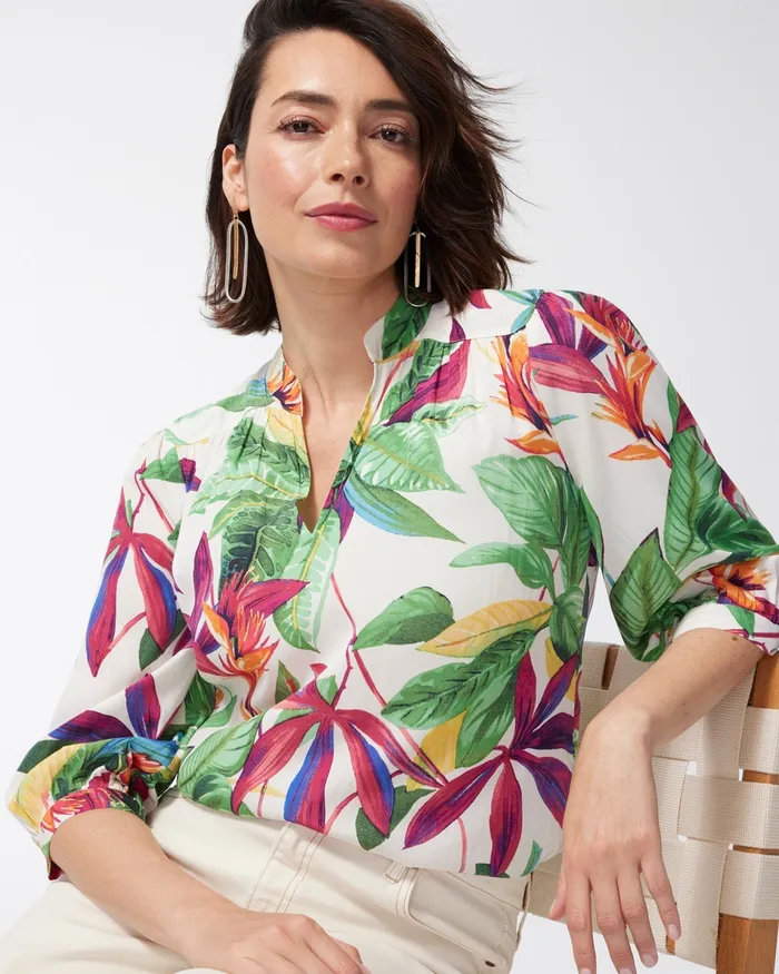 Chico039s Floral Button Cuff Top Alabaster Women Tops