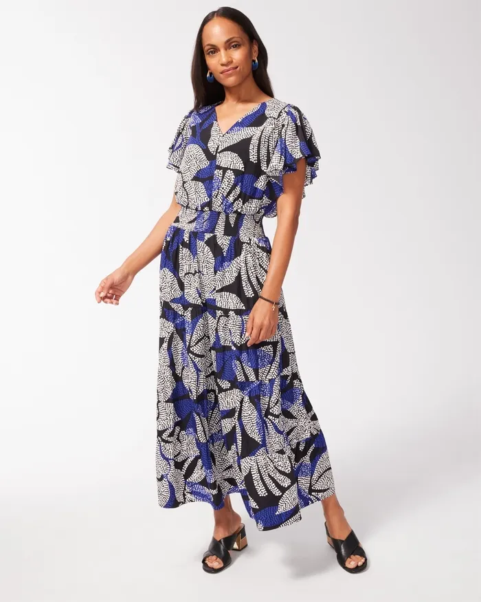Chico039s Floral Flutter Sleeve Maxi Dress Blue Grotto Women Dresses and Skirts