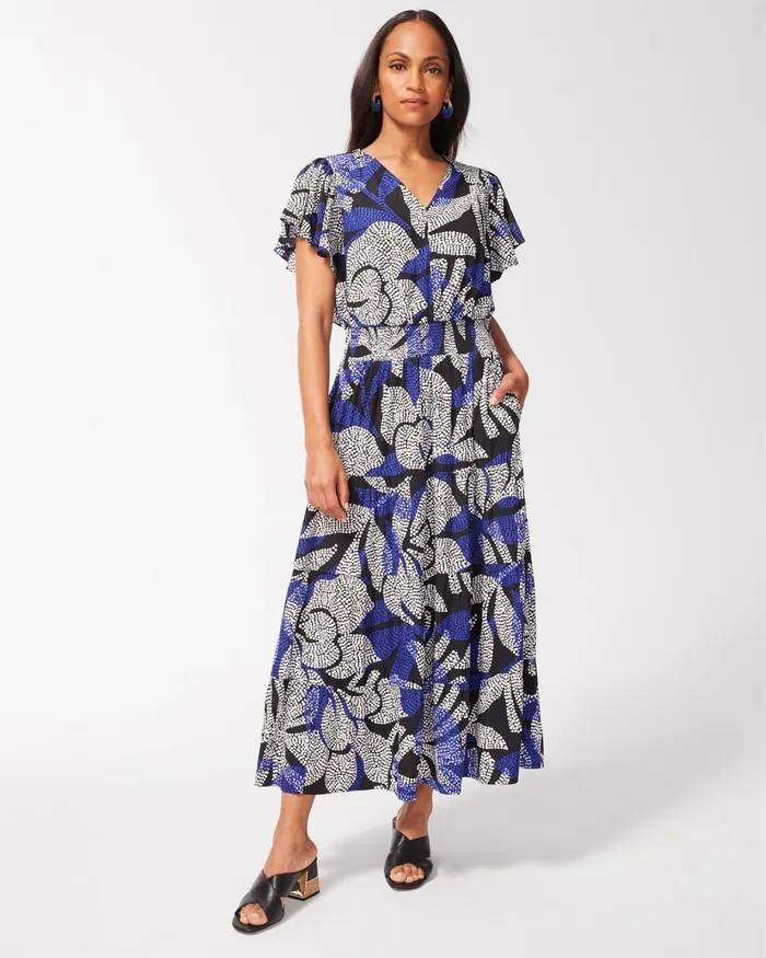 Chico039s Floral Flutter Sleeve Maxi Dress Blue Grotto Women Dresses and Skirts