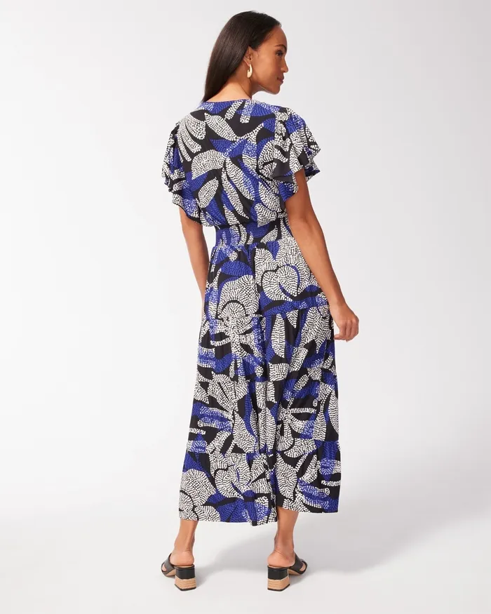 Chico039s Floral Flutter Sleeve Maxi Dress Blue Grotto Women Dresses and Skirts