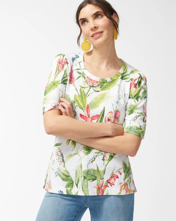 Chico039s Floral Gathered Sleeve Slub Tee Alabaster Women Tops