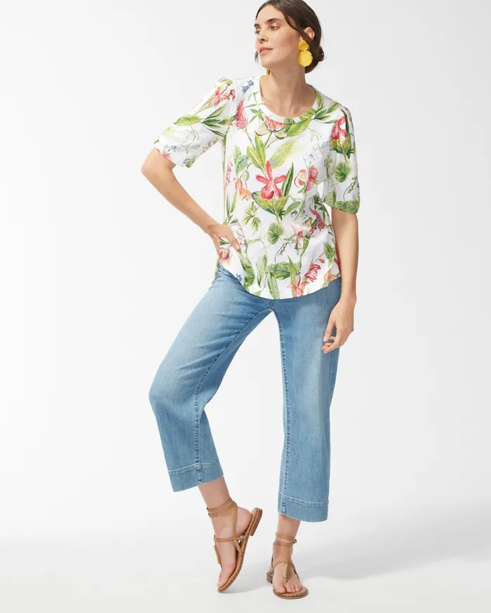 Chico039s Floral Gathered Sleeve Slub Tee Alabaster Women Tops