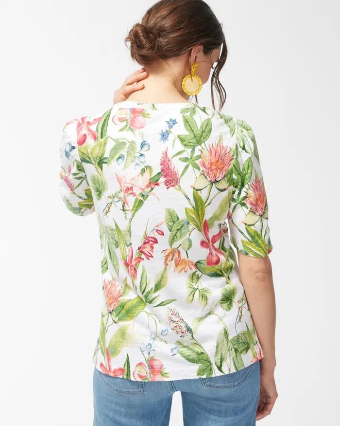 Chico039s Floral Gathered Sleeve Slub Tee Alabaster Women Tops
