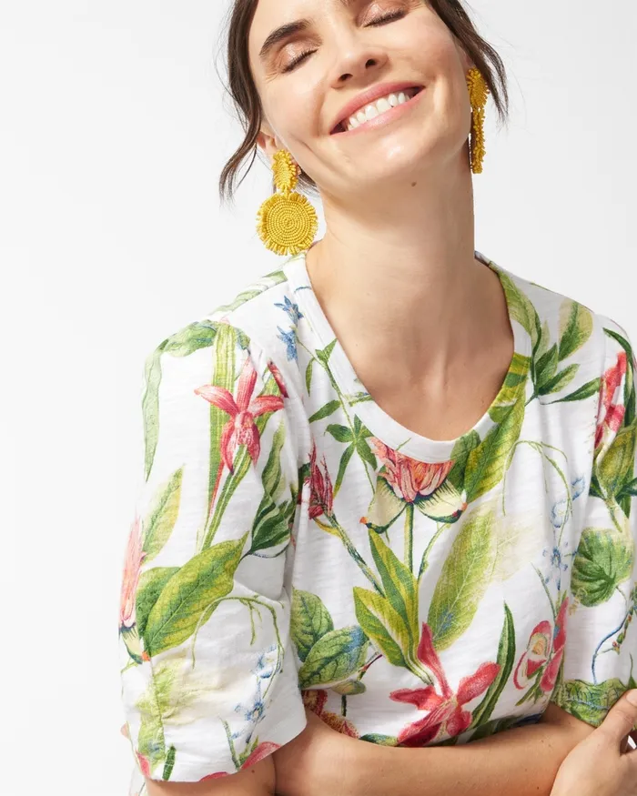 Chico039s Floral Gathered Sleeve Slub Tee Alabaster Women Tops