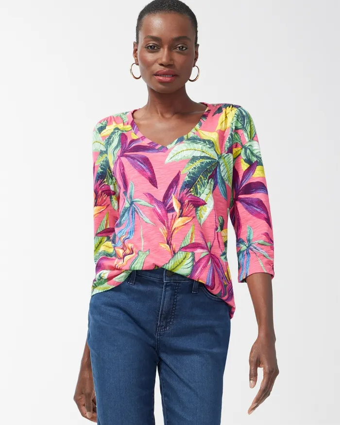 Chico039s Floral Print 34 Sleeve Slub Tee Strawberry Margarita Women Tops