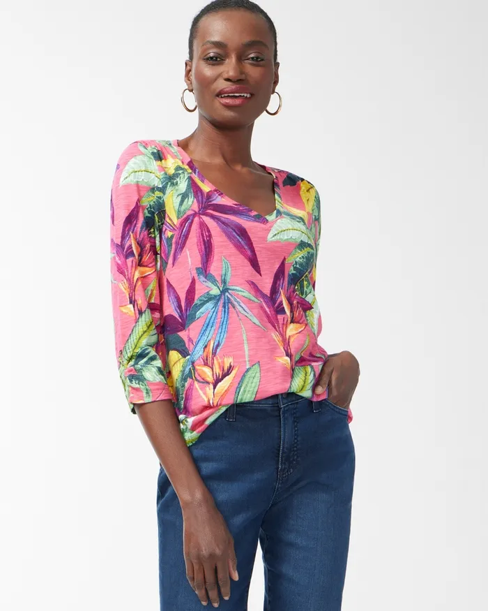 Chico039s Floral Print 34 Sleeve Slub Tee Strawberry Margarita Women Tops