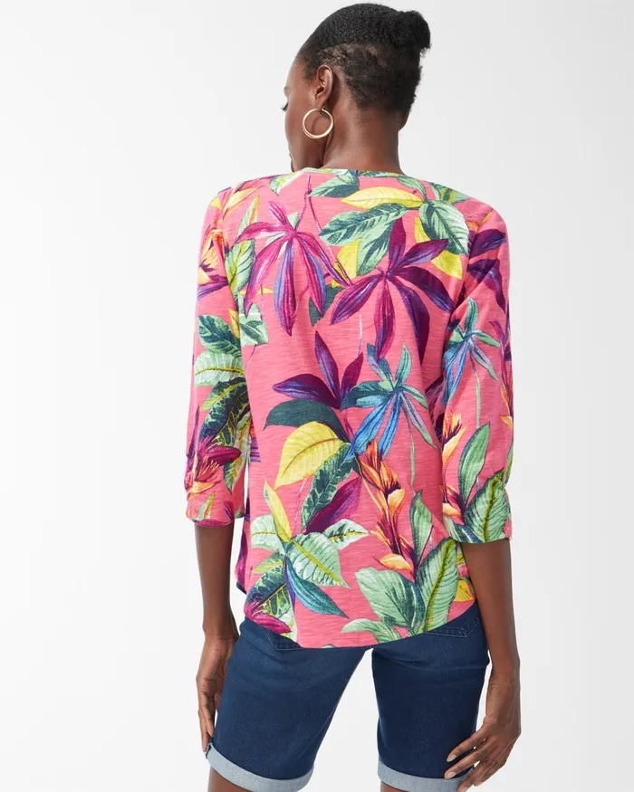 Chico039s Floral Print 34 Sleeve Slub Tee Strawberry Margarita Women Tops