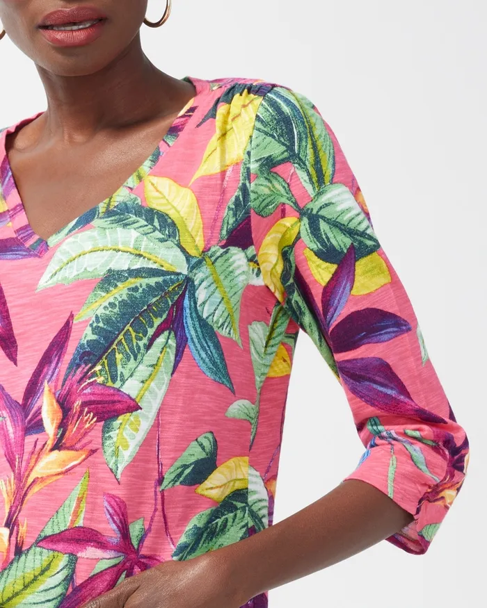 Chico039s Floral Print 34 Sleeve Slub Tee Strawberry Margarita Women Tops