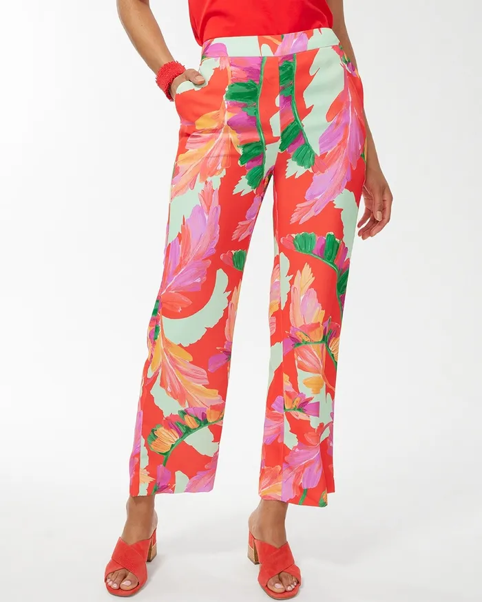 Chico039s Foliage Print Wide Leg Soft Crops Flame ScarletNatural Tan Women Pants