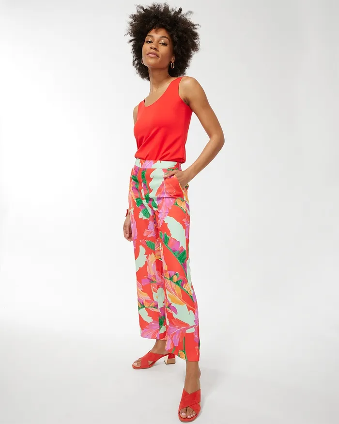 Chico039s Foliage Print Wide Leg Soft Crops Flame ScarletNatural Tan Women Pants