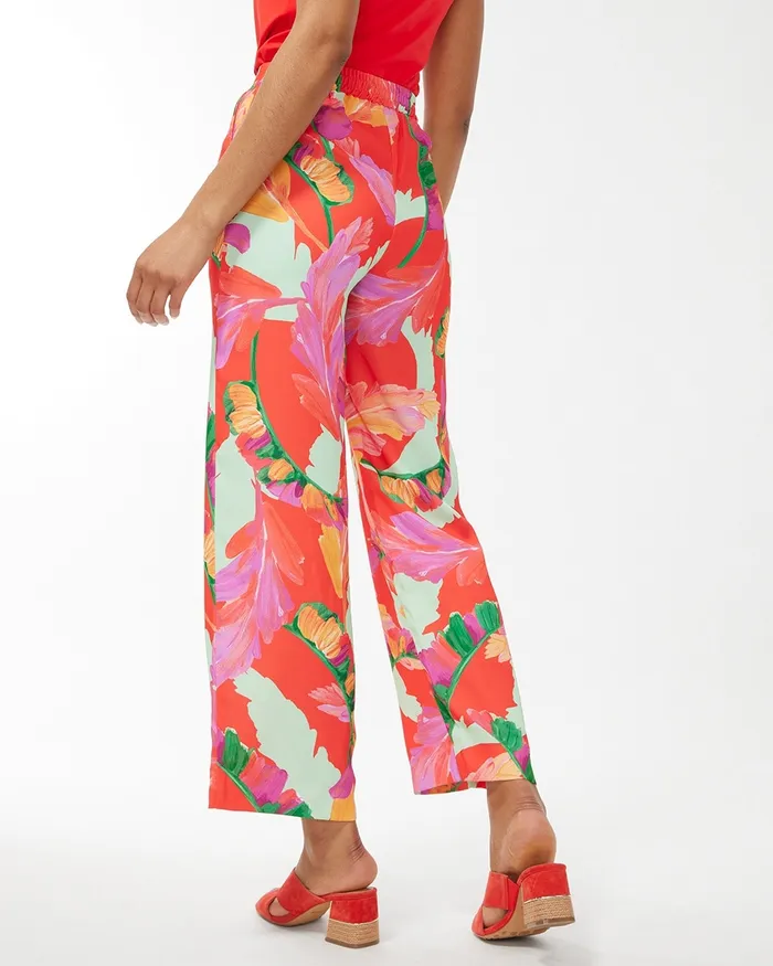Chico039s Foliage Print Wide Leg Soft Crops Flame ScarletNatural Tan Women Pants