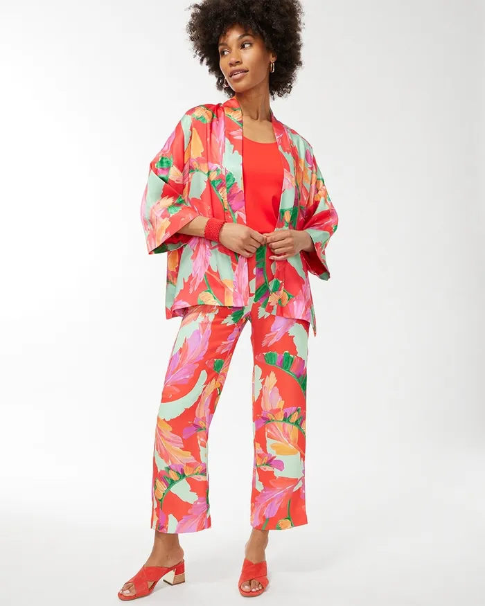 Chico039s Foliage Print Wide Leg Soft Crops Flame ScarletNatural Tan Women Pants