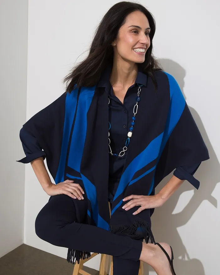 Chico039s Fringe Sweater Ruana Ocean Air Women Tops