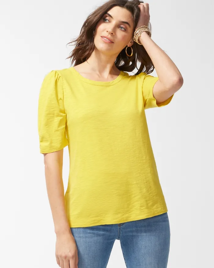 Chico039s Gathered Sleeve Slub Tee Pineapple Fizz Women Tops