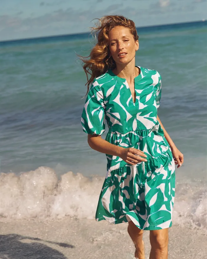 Chico039s Green Leaf Print Poplin Dress Harbour Green Women Dresses and Skirts
