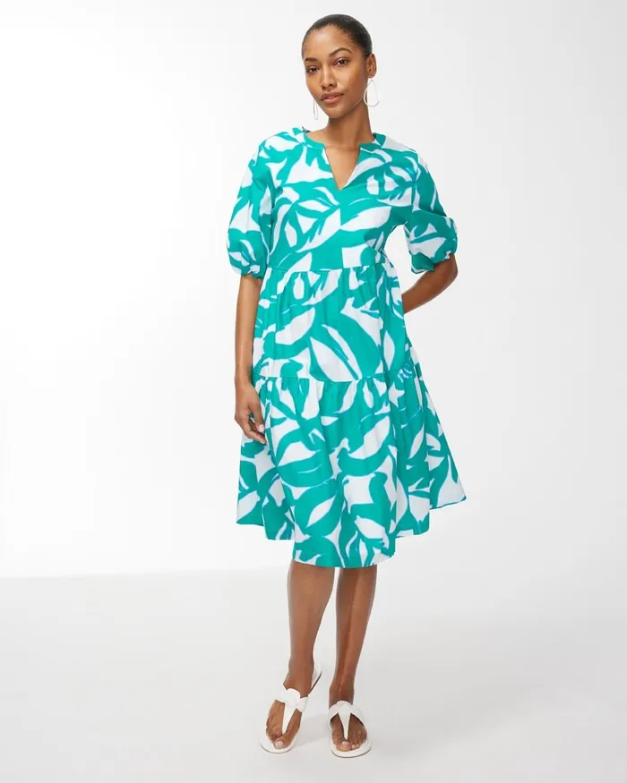 Chico039s Green Leaf Print Poplin Dress Harbour Green Women Dresses and Skirts