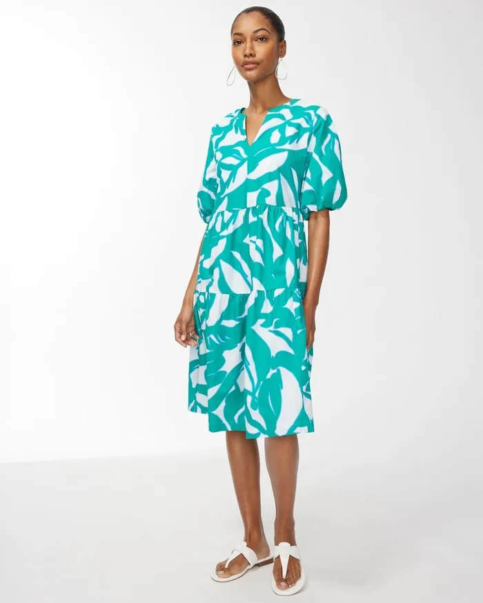 Chico039s Green Leaf Print Poplin Dress Harbour Green Women Dresses and Skirts