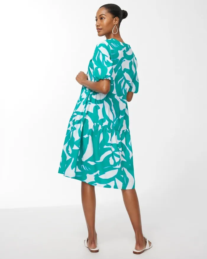 Chico039s Green Leaf Print Poplin Dress Harbour Green Women Dresses and Skirts