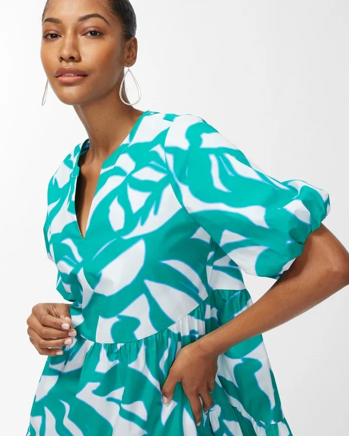 Chico039s Green Leaf Print Poplin Dress Harbour Green Women Dresses and Skirts