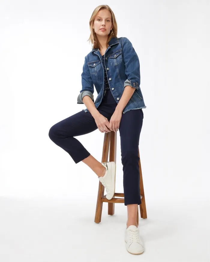Chico039s Indigo Frayed Hem Denim Jacket Baltic Indigo Women Jackets and Coats