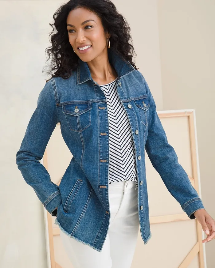 Chico039s Indigo Frayed Hem Denim Jacket Baltic Indigo Women Jackets and Coats