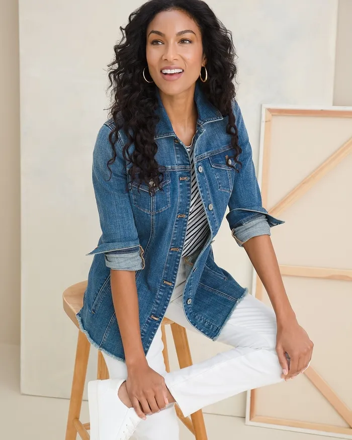 Chico039s Indigo Frayed Hem Denim Jacket Baltic Indigo Women Jackets and Coats