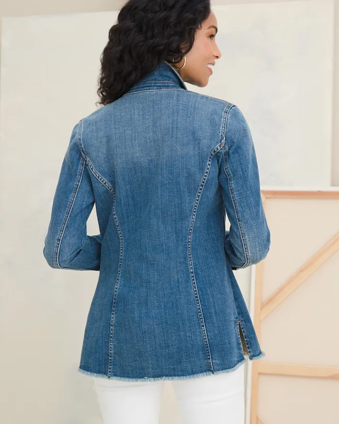 Chico039s Indigo Frayed Hem Denim Jacket Baltic Indigo Women Jackets and Coats