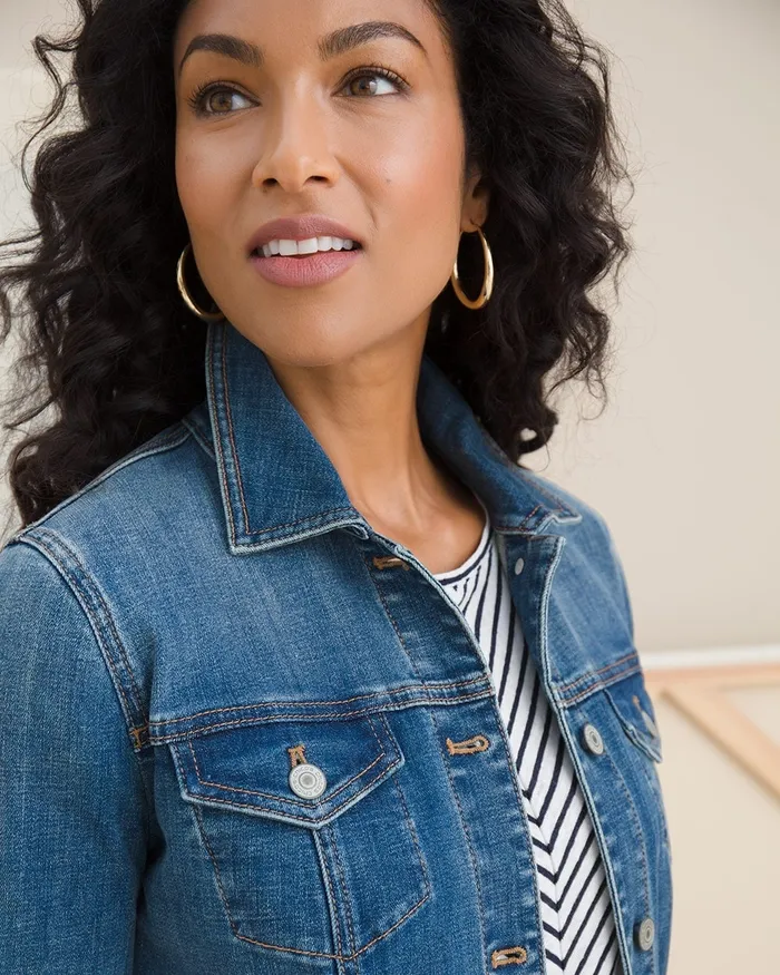 Chico039s Indigo Frayed Hem Denim Jacket Baltic Indigo Women Jackets and Coats