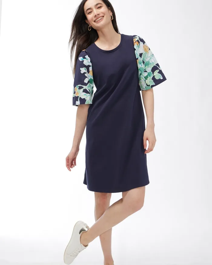 Chico039s Knit Mix Bell Sleeve Dress Classic Navy Women Dresses and Skirts