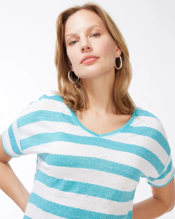 Chico039s LinenBlend Aqua Stripe Tee Agua Azul Women Tops