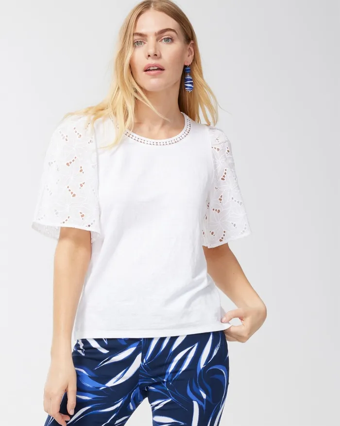 Chico039s Linen Blend Eyelet Sleeve Top Alabaster Women Tees