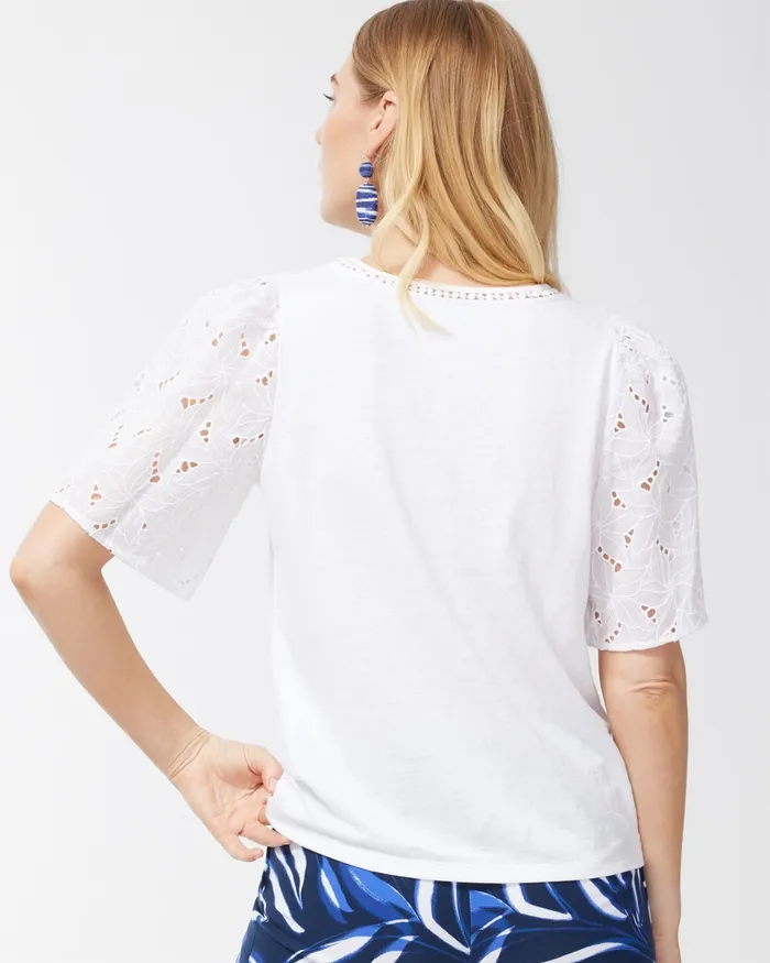 Chico039s Linen Blend Eyelet Sleeve Top Alabaster Women Tees