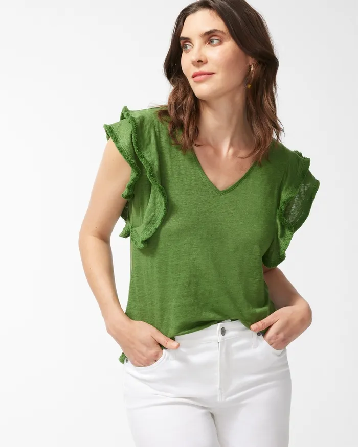 Chico039s Linen Flutter Sleeve Top Banana Leaf Women Tops