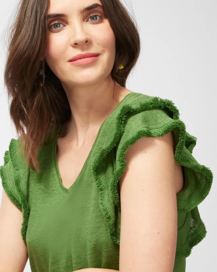 Chico039s Linen Flutter Sleeve Top Banana Leaf Women Tops