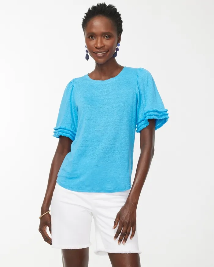 Chico039s Linen Fringe Sleeve Tee Mango Ice Women Tops