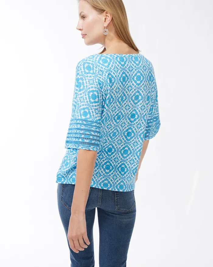 Chico039s Linen Geometric Print Cutwork Tee Poolside Blue Women Tops