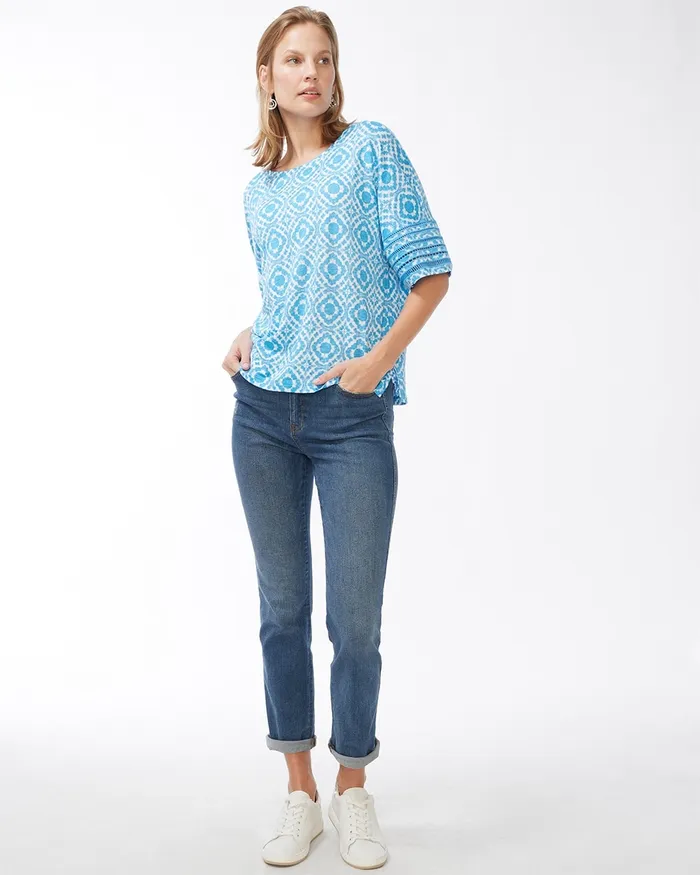 Chico039s Linen Geometric Print Cutwork Tee Poolside Blue Women Tops