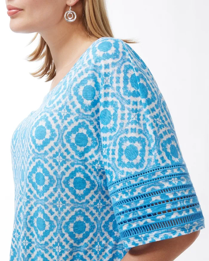 Chico039s Linen Geometric Print Cutwork Tee Poolside Blue Women Tops
