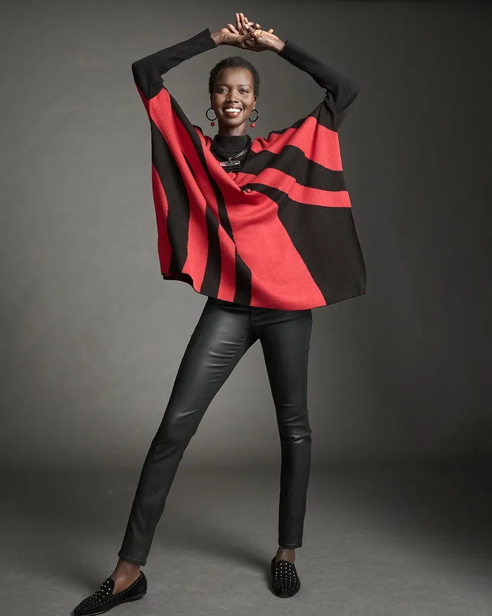 Chico039s Mock Neck Sweater Poncho Red Women Tops
