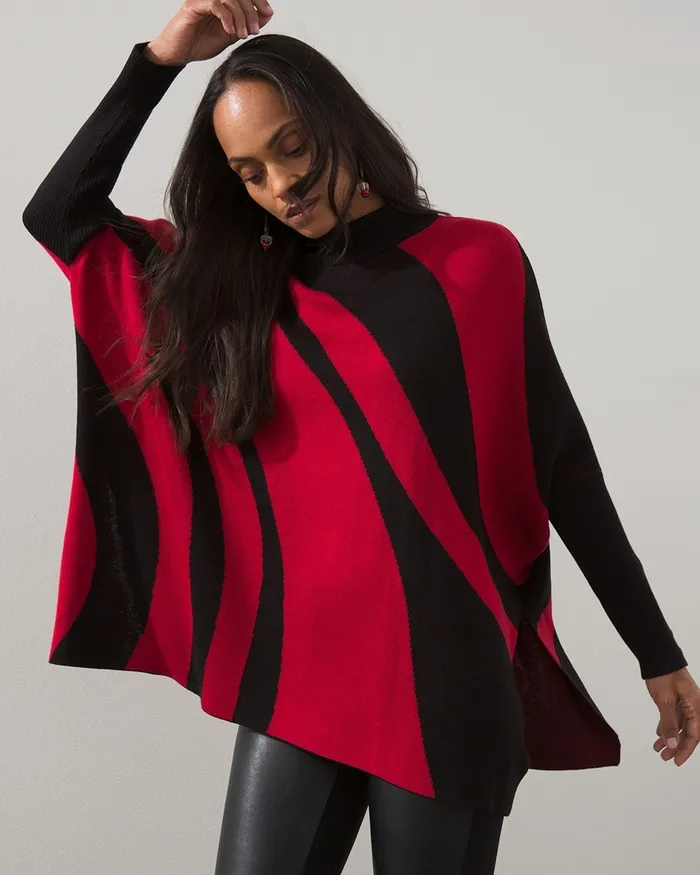 Chico039s Mock Neck Sweater Poncho Red Women Tops