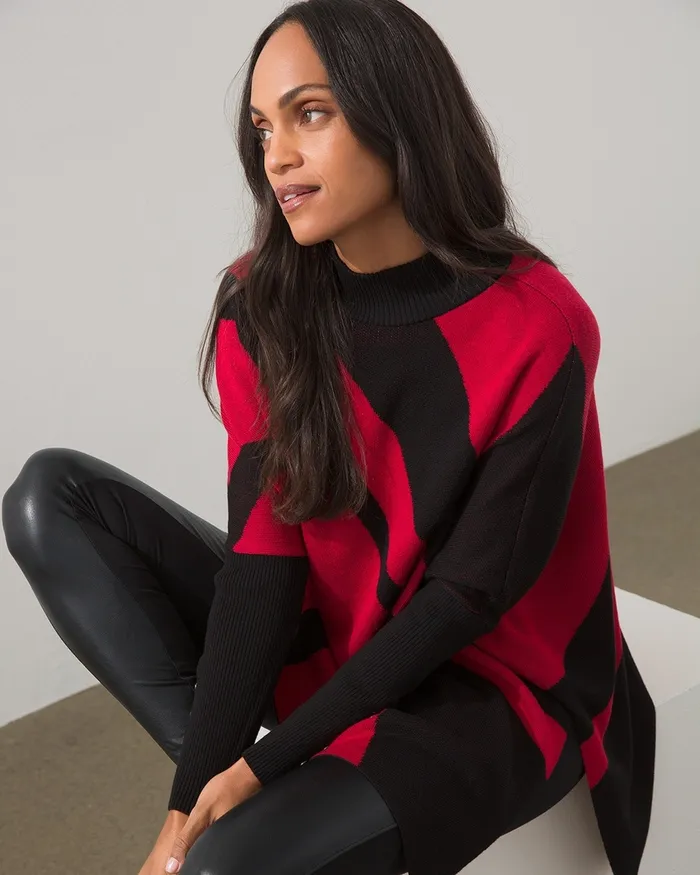 Chico039s Mock Neck Sweater Poncho Red Women Tops