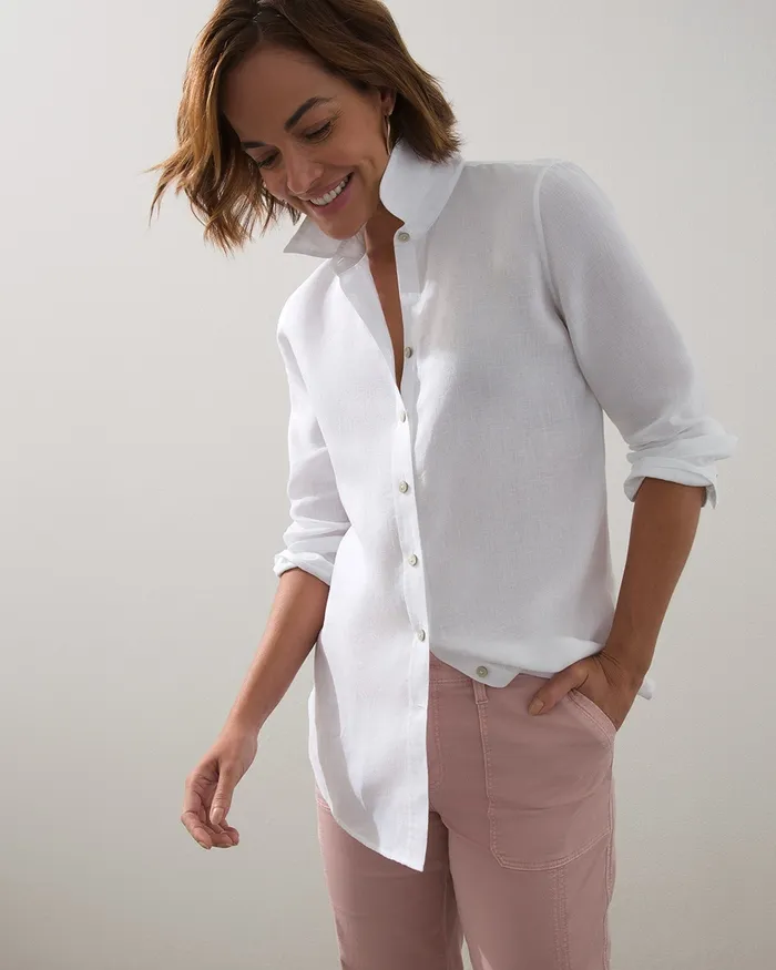 Chico039s NoIron Linen 34 Sleeve Shirt Optic White Women Matching Sets