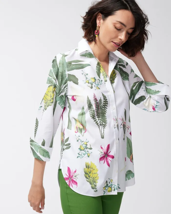 Chico039s No Iron Stretch 34 Sleeve Tropical Shirt Optic White Women Tops