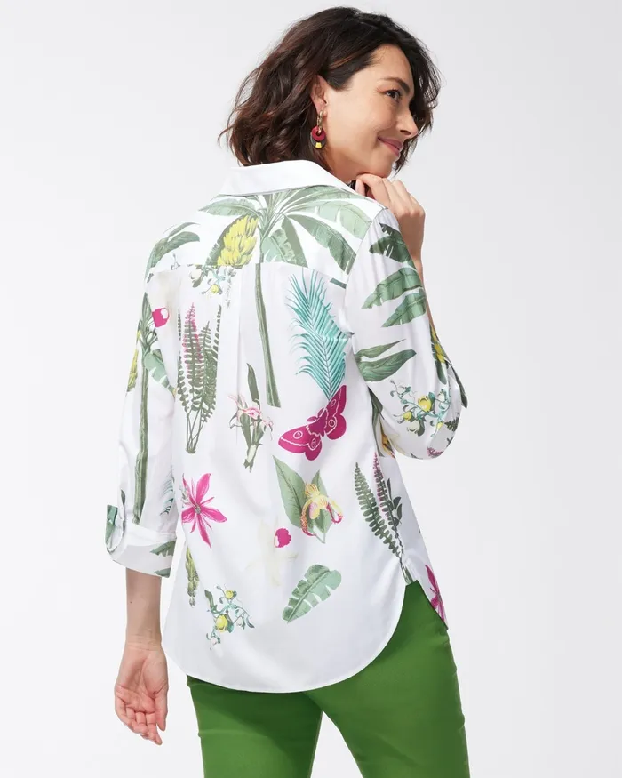 Chico039s No Iron Stretch 34 Sleeve Tropical Shirt Optic White Women Tops