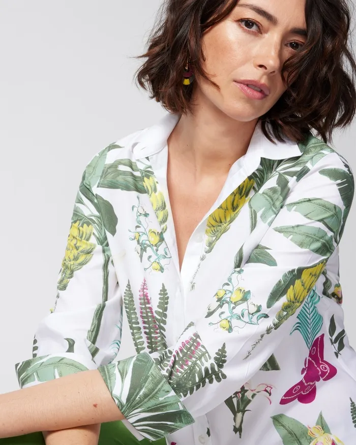 Chico039s No Iron Stretch 34 Sleeve Tropical Shirt Optic White Women Tops