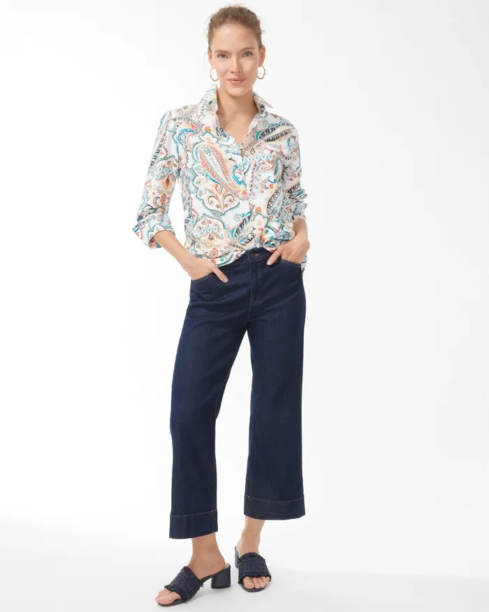 Chico039s No Iron Stretch Paisley Shirt Agua Azul Women Tops