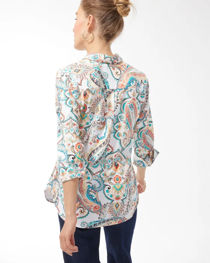 Chico039s No Iron Stretch Paisley Shirt Agua Azul Women Tops