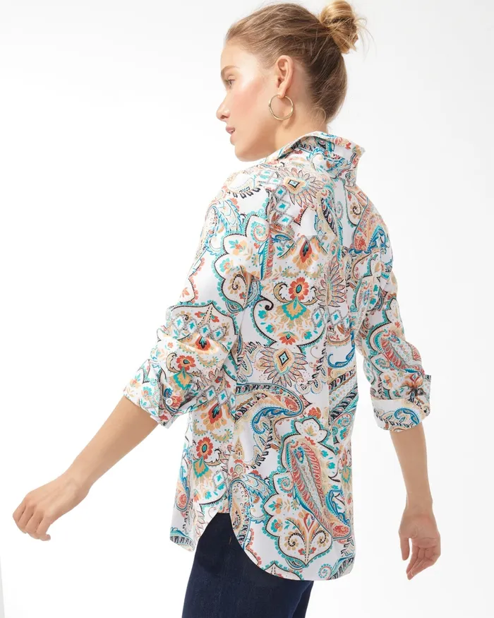 Chico039s No Iron Stretch Paisley Shirt Agua Azul Women Tops
