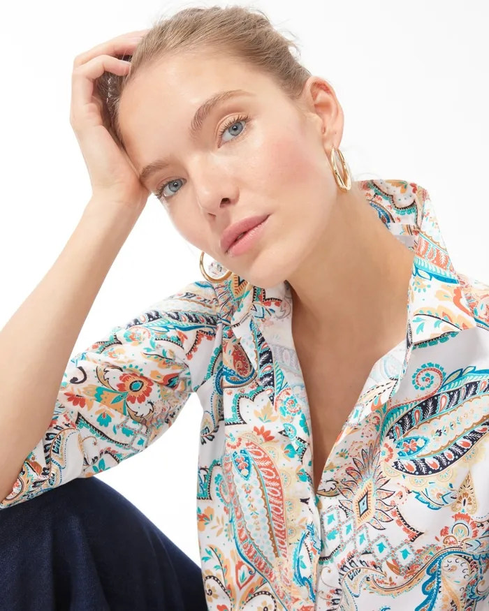 Chico039s No Iron Stretch Paisley Shirt Agua Azul Women Tops
